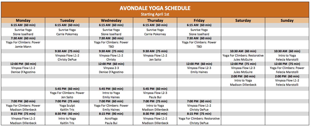 Yoga Schedule Rollout April 2017_Avondale