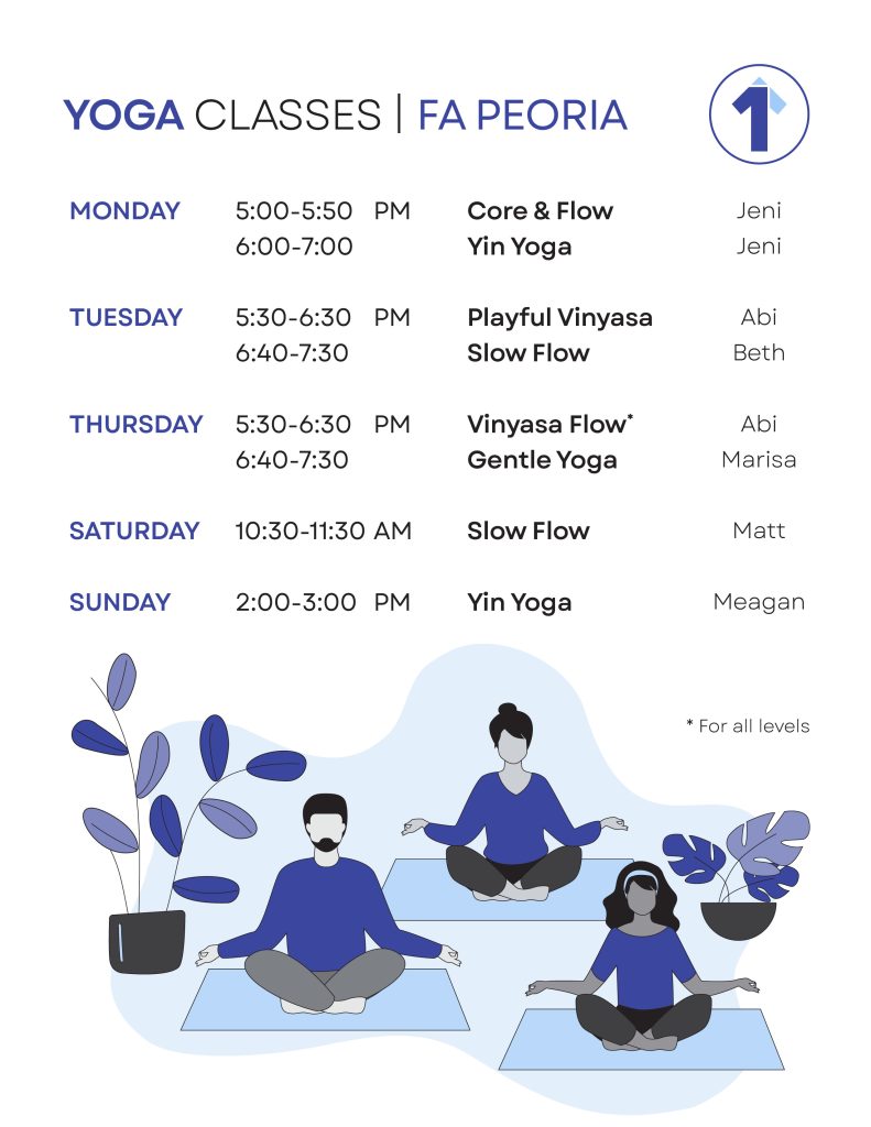 Mondasy 5-6pm Core and Flow, 6:10-7pm Yin Yoga, Tuesday 5:30-6:30pm Playful Vinyasa, 6:40-7:30pm Slow Flow, Thursdays 5:30-6:30pm Vinyasa, 6:40-7:30pm Gentle Yoga, Saturday 10:30-11:30am Slow Flow, Sunday 2-3pm Yin